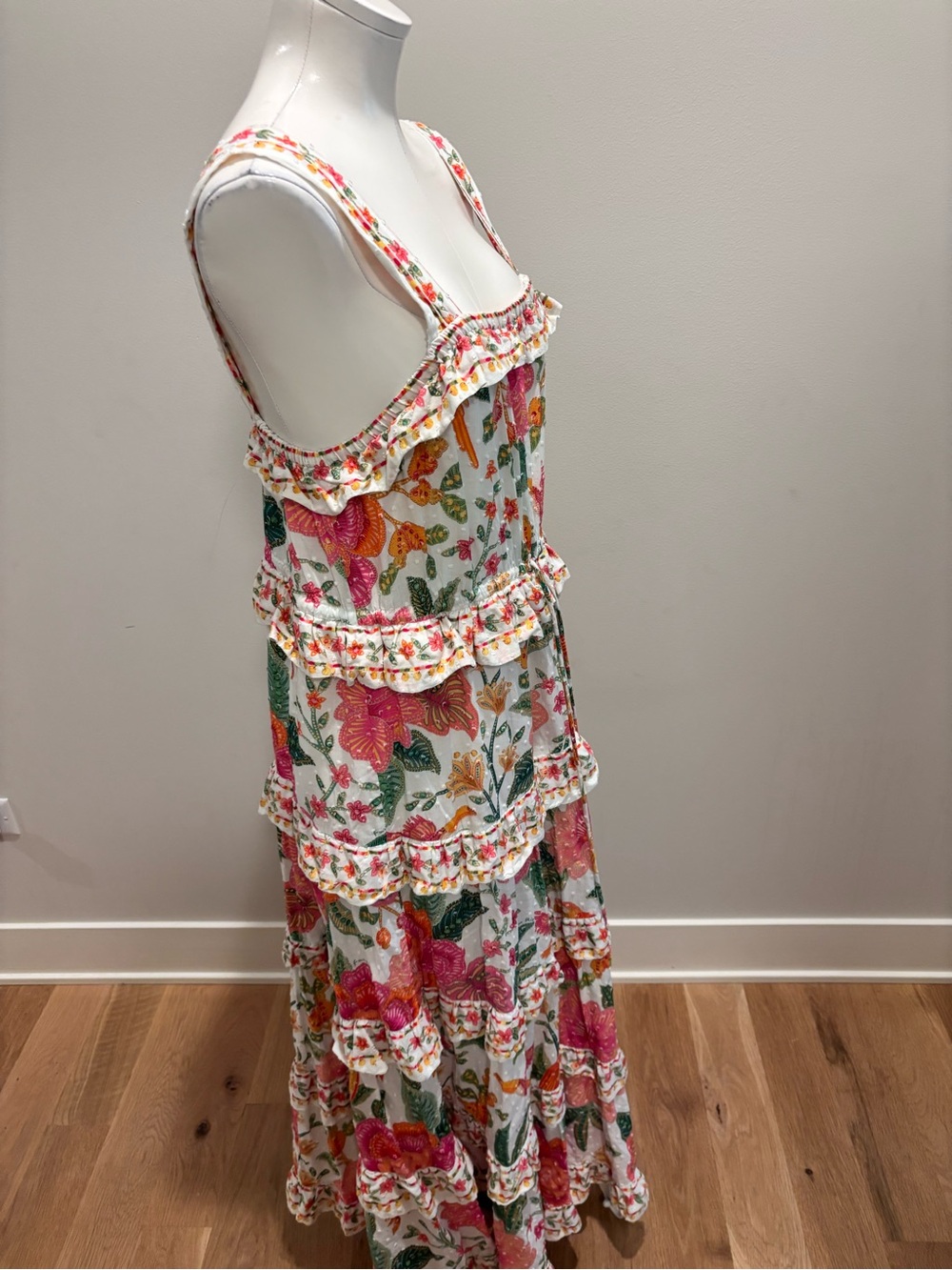 FARM RIO Macaw Bloom Floral Print Cotton Midi Ruffled Dress. - Picture 7 of 11